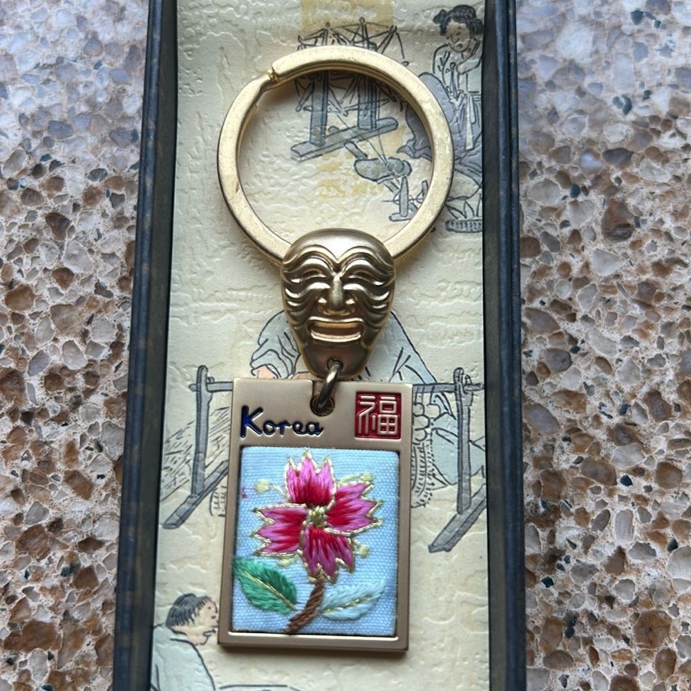 Gold Tone Korean Mask Keychain with Flower 🌺 Tag In Box 🗃️ engraved Korea back